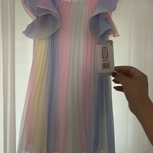 Rare Editions Pastel Striped Dress with Ruffle Sleeves